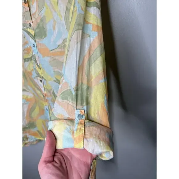Rachel Zoe 100% Linen Tunic Shirt Button Up Pastel Floral Roll Tab Plus Size 1X - Picture 4 of 8